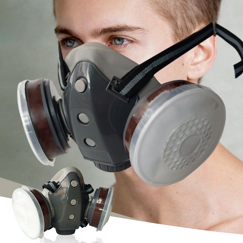 🔥Protection efficace – Masque à gaz double filtre au charbon actif